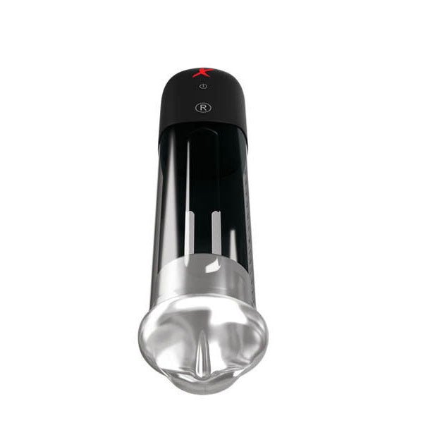 Front view of the PDX Elite Blowjob Power Pump male masturbator showing the realistic oral entry and sleek black casing against a white background. | Flirty Bay adult store Perth